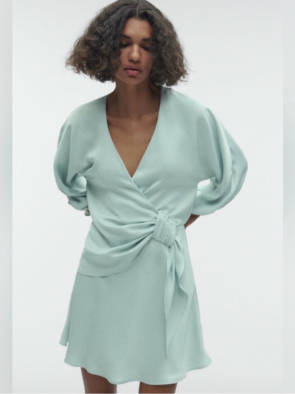 Zara Mint Wrap Mini Dress with Knot Detail